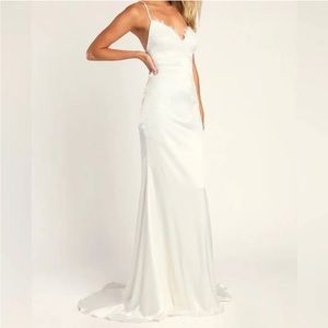 Lulus Fantasy Come True White Lace Satin Lace-Up Maxi Dress Wedding Luxe
